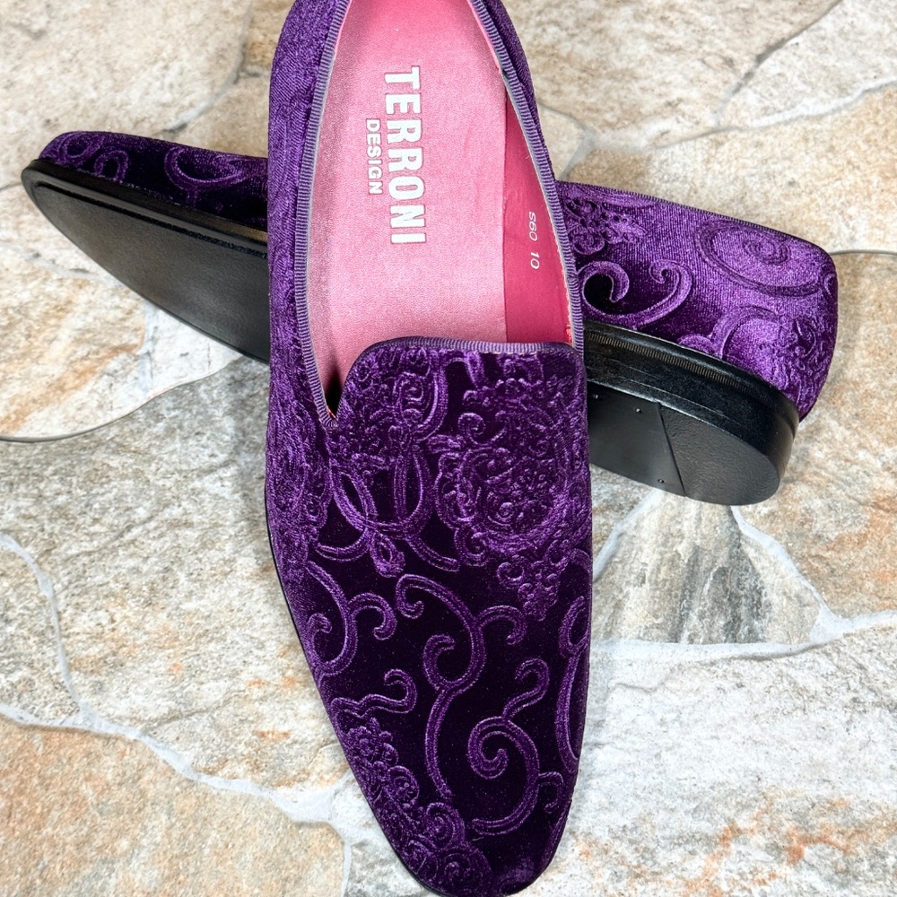 Terroni Purple Men's Slip-On Dress Shoe-Faux Suede-Paisley Print-Fashionable